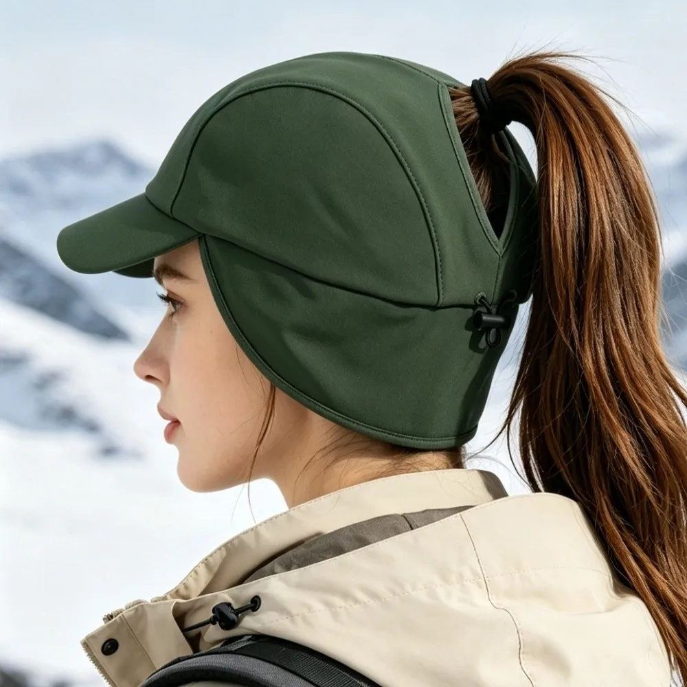 Warm Ear Flap Baseball Cap Adjustable Snapback Ear Protection Winter Sports Hat Thickened Fleece Ponytail Opening