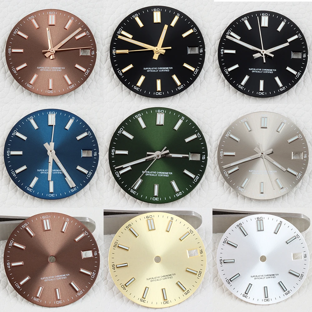

28.5mm NH35 Watch Dial For DATEJUST nh35/nh36 Movement Blue luminous Sunburst Texture Dial Date Window Watch Dial Face Parts