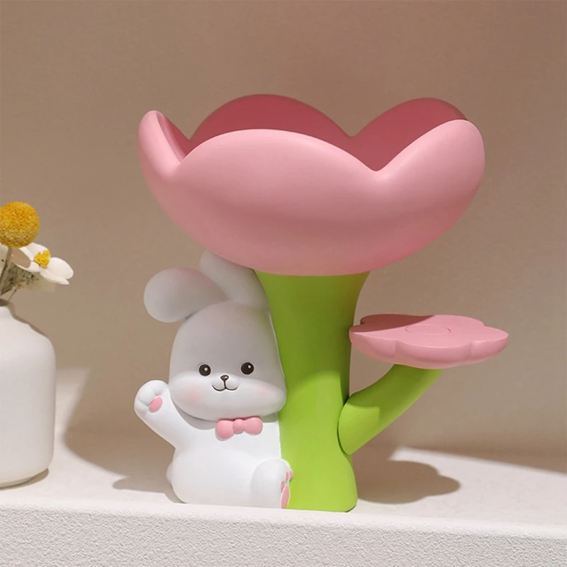 Cute Bunny Flower Entrance Key Household Decor Rabbit Statue Jewelry Bowl Animal Key Holder Desk Tray