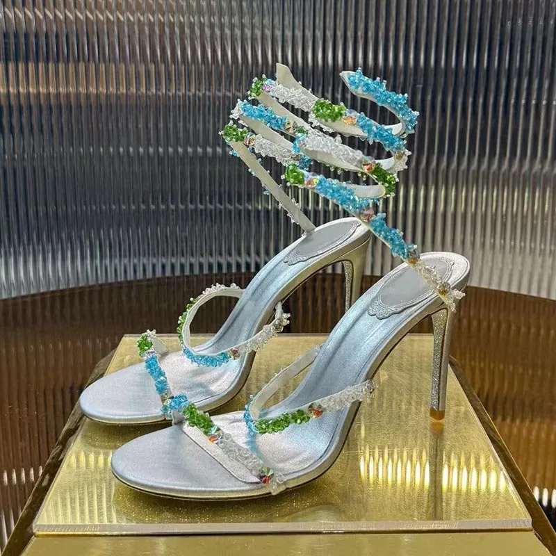 Sandals Bling Rhinestone Decor Thin High Heels Women's Ankles Snake Shaped Elastic Band Sandalias Mujer Summer Party Dress Shoes