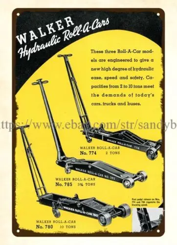 collectible 1937 Walker Lifting Equipment hydraulic roll-a-cars metal tin sign