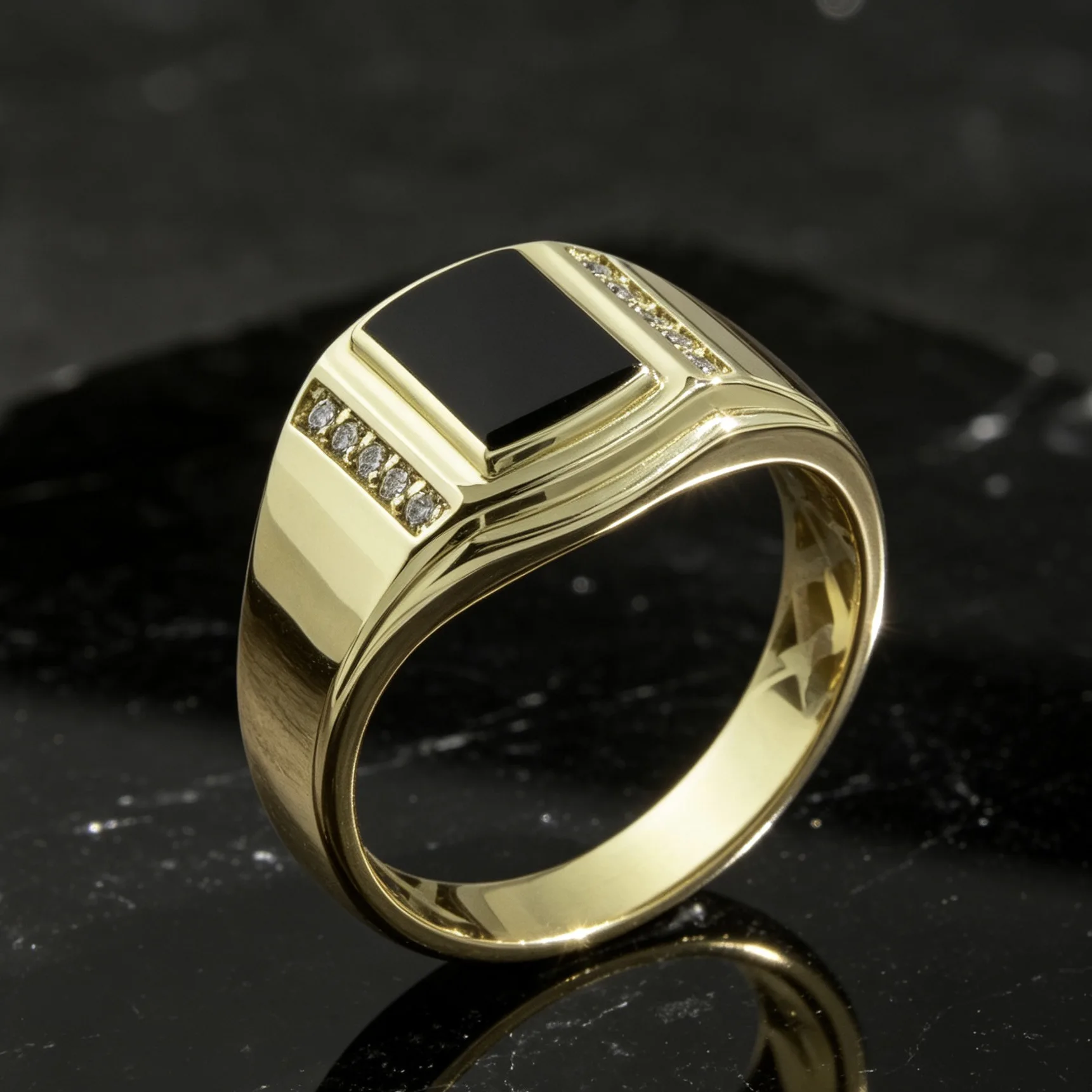 Fashion Luxury Golden Square Black Onyx Signet Ring for Men, Synthetic CZ Accent Vintage Business Masculine Jewelry Gift for Men