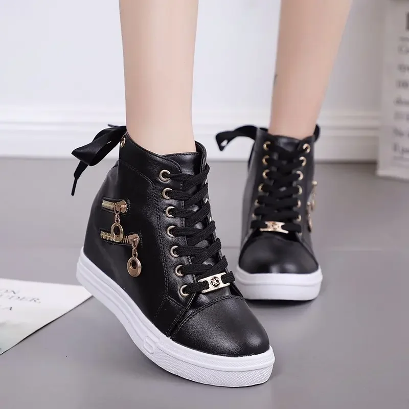 Women's Sneakers with Platform Wedge Heels Shoes for Woman Leather Casual Shoes White High Top Sneaker Lady Vulcanized Shoes