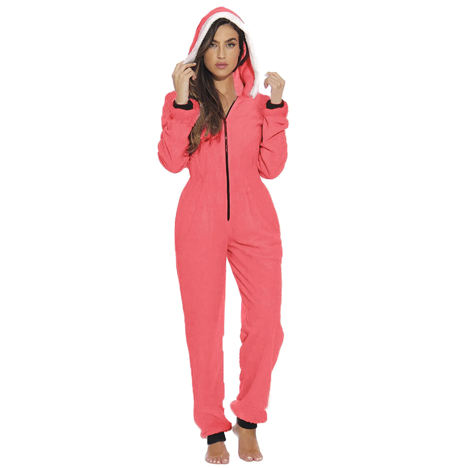 Xmas Long Sleeve Zipper Hooded Rompers Fall Winter Warm Jumpsuits Women Fleece Jumpsuits Christmas Pajamas Santa Sleepwear