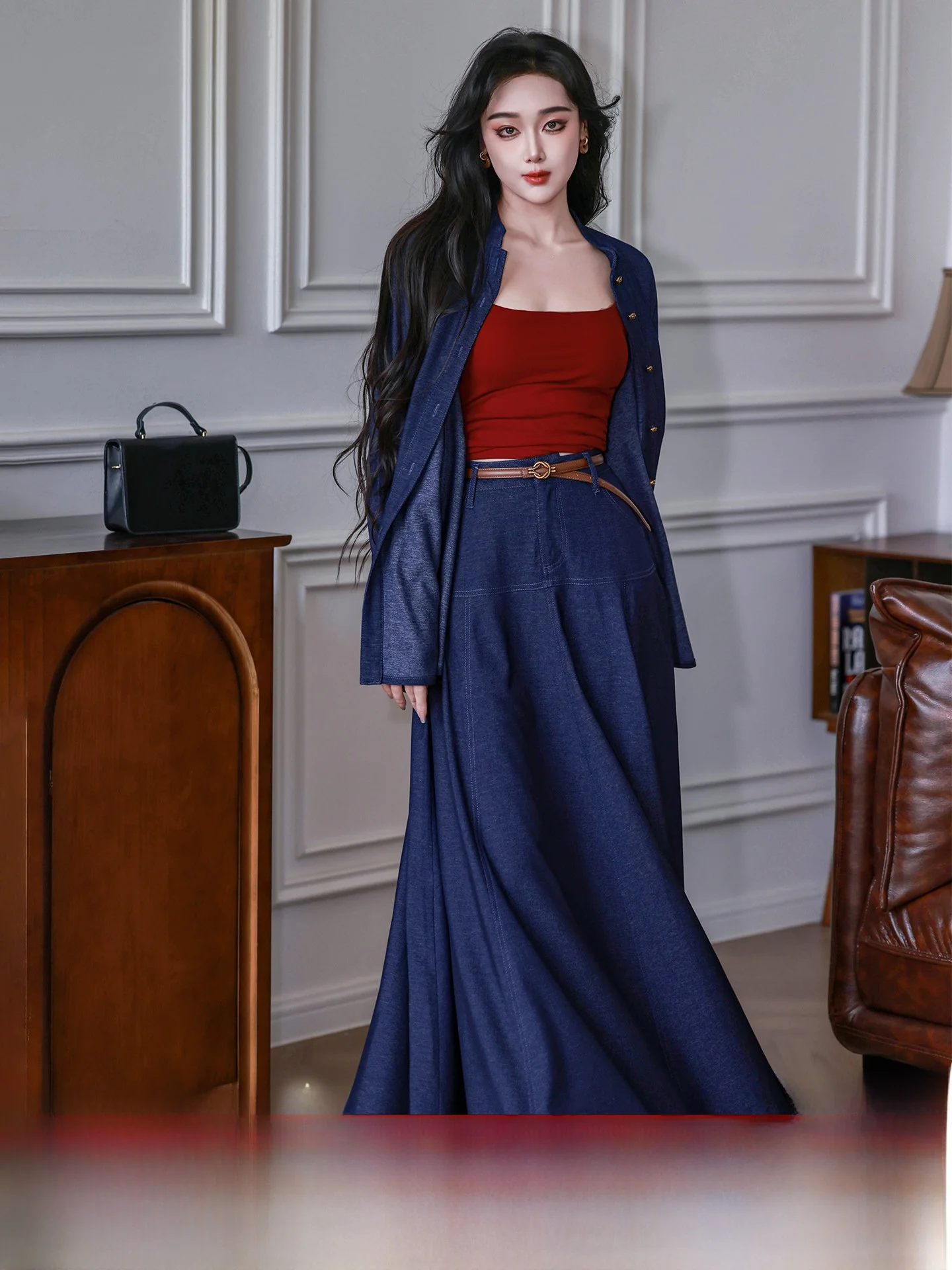 

Новинка! Комплект из джинсовой юбки и топа Dr. New Chinese Sle Deep Blue Denim с широким подолом, осенняя коллекция 2025 для женщин.