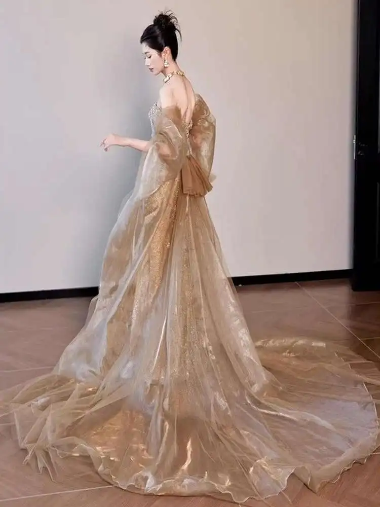 

Gold Strapl Evening Gown Women's High-End Luxury Wedding Dr Engagement Par Host Ceremony Dr Ele A-Line Skirt