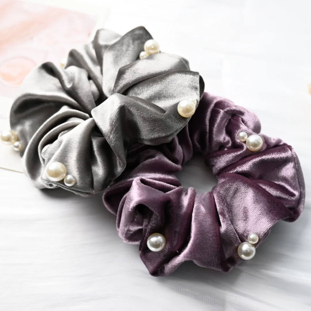 ربطات شعر مخملية سوداء للفتيات والنساء ربطات شعر مع إكسسوارات شعر من اللؤلؤ الاصطناعي أغطية رأس عصرية كورية #5