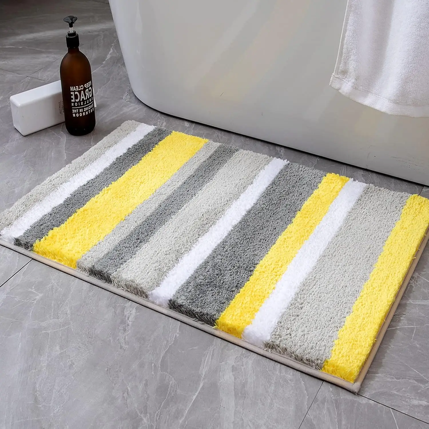 

Fluffy Microfiber Bathroom Rugs, 20x30 Inch, Yellow-Grey Striped, Absorbent Non-Slip Quick Dry Mat for Shower and Tub