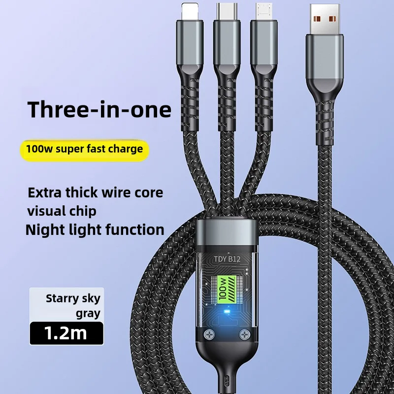 Sukflow New 100W 5A Super Fast Charging USB C Type 3-in-1 Data Cable With Light For IPhone Samsung Huawei Fast Charging Cords