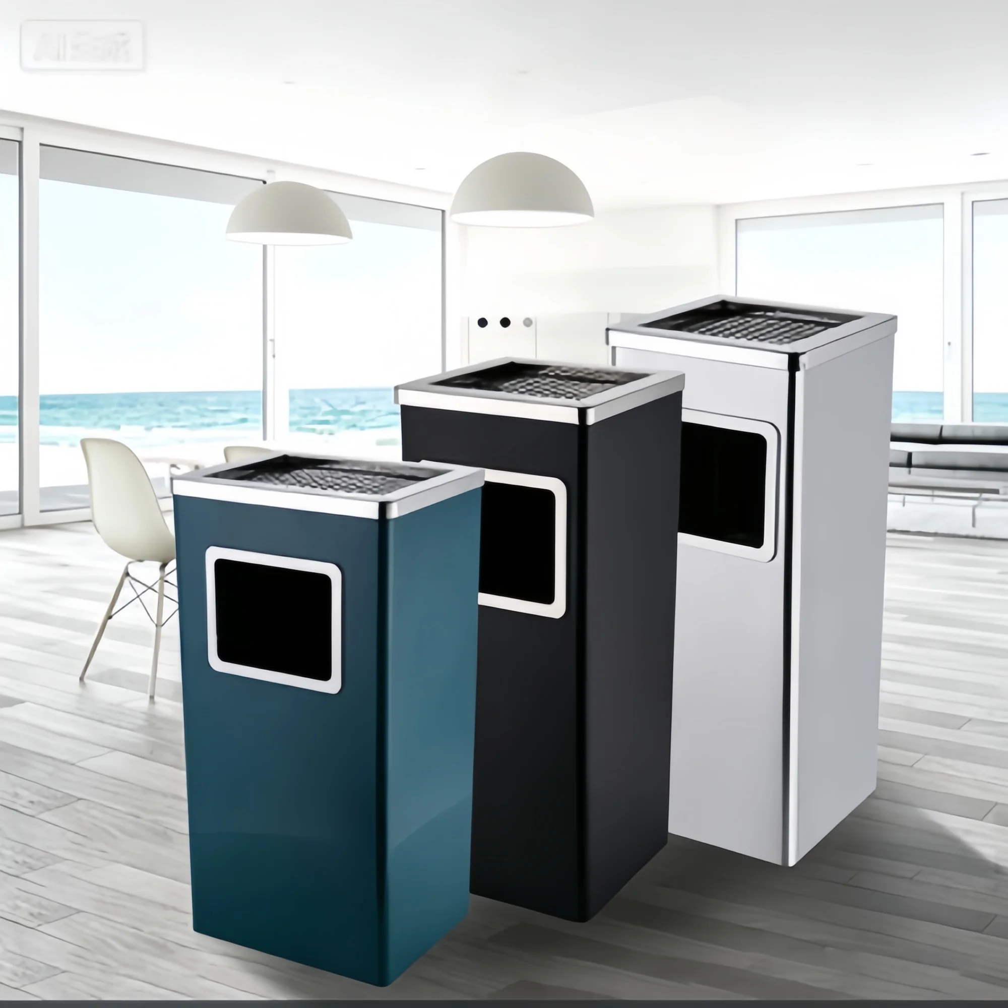 Stainless Steel Standing Hotel Lobby Trash Bin With Rolling Cover And Ashtray Top view 4