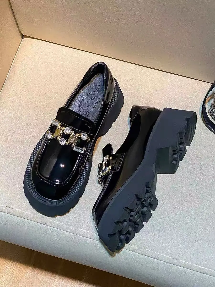 High Quality Genuine Cowhide Casual Shoes Rhinestone Diamond Loafer Shoes British Style Thick-Soled Women Shoes High Heels Pumps