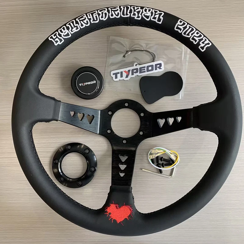

Custom heart-shaped hole bracket black microfiber leather 350mm car steering wheel with red heart embroidered