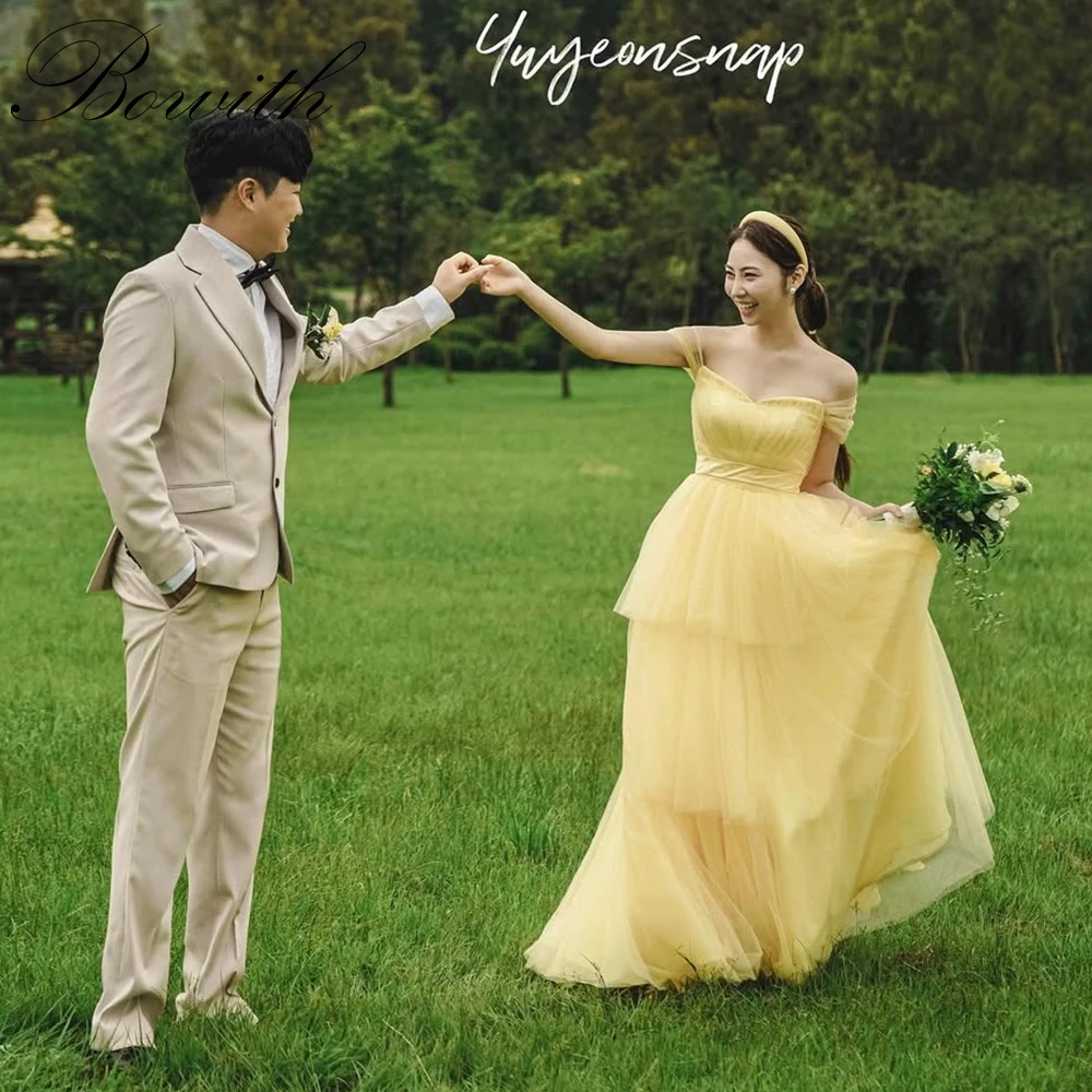 

Bowith Off the Shoulder Korean Wedding Dresses Customized A-line Soft Tulle Reception Dress Bridal Gown Evening Dress