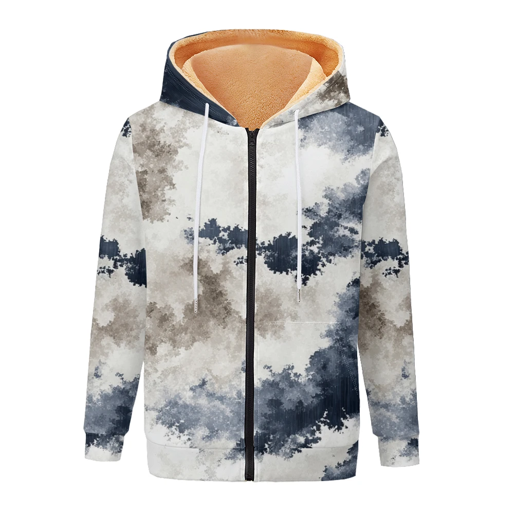 Ink-Splash Watercolor Gradient Women Jacket Coat Printed Hoodie Fleece Lined Winter ​Warm Streetwear Motorcycle Outwear Clothing