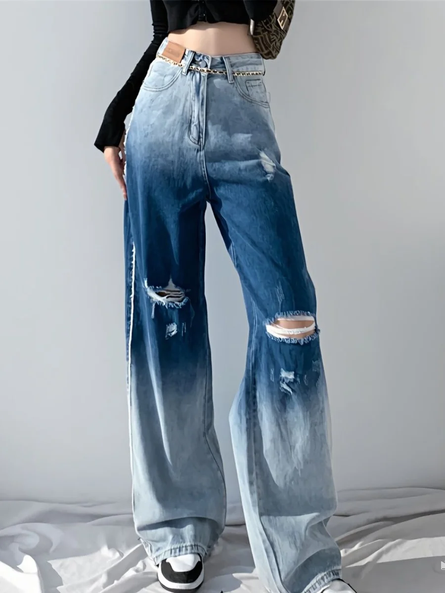 

Large Size 300 Pou aduated Color Waed Vintage Jeans Men's Women's Summer American Retro Hole Straight Leg Pants