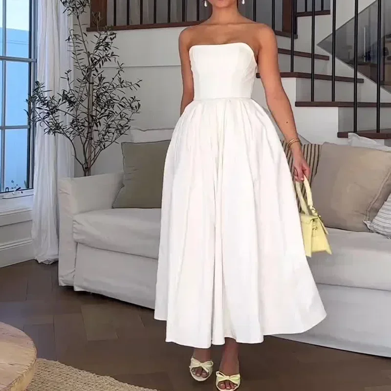 

Summer Women's Tube Top Dress Solid Product One-word Shoulder Top A-word Pleated Fashion Sexy Female Party Fresh Sweety Dresses