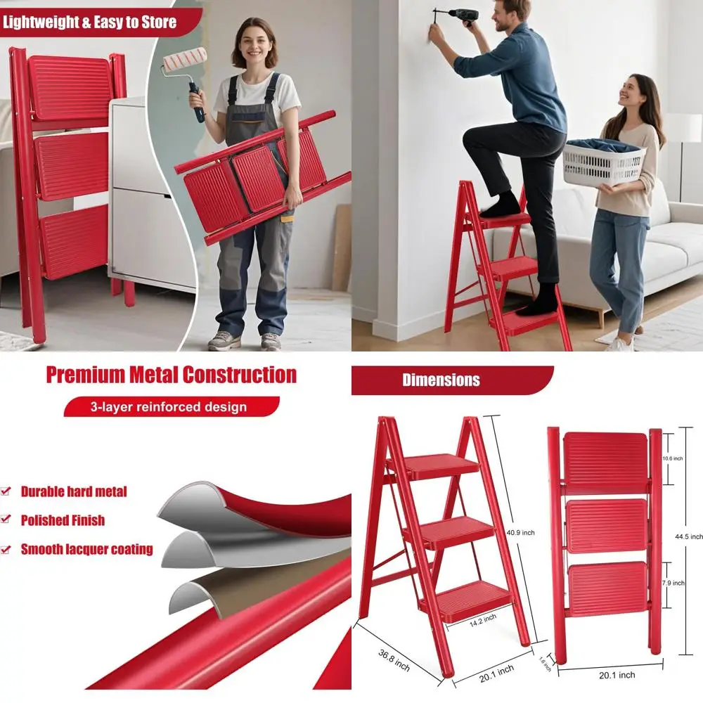 

3 Step Ladder Stool or Adults, olding Steel Step Stool w/Wide Anti-Slip Pedal, Ergonomic Design & Handrail, Lightweight, Portabl