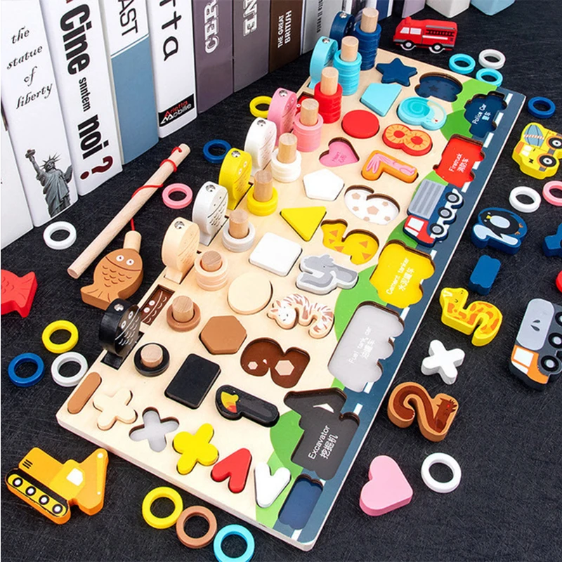 

Children Busy Board Montessori Educational Wooden Toys Math Fishing Children's Wooden Preschool Montessori Toy Counting Geometry