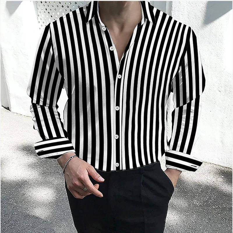 Men\'s formal casual shirt button lapel shirt black and white red long sleeve striped lapel shirt large size XS-6XL