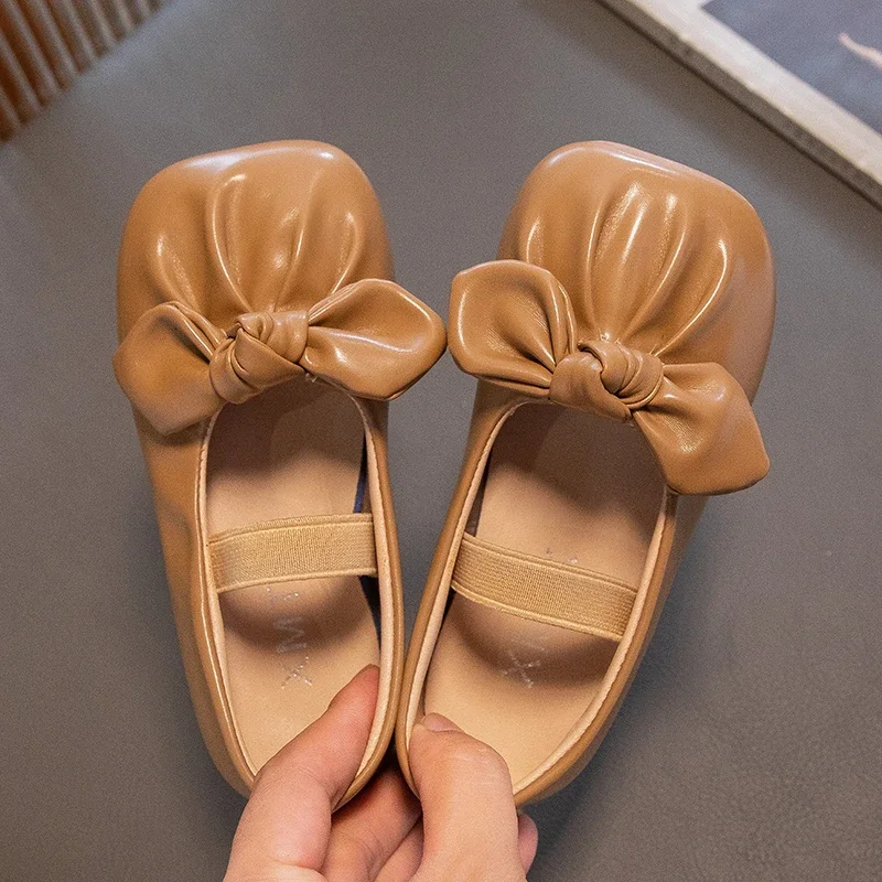 Girls Leather Shoes for Party Wedding Children Princess Shoes with Bow-knot Little Kids Square Head Elastic Band Flats Shoes