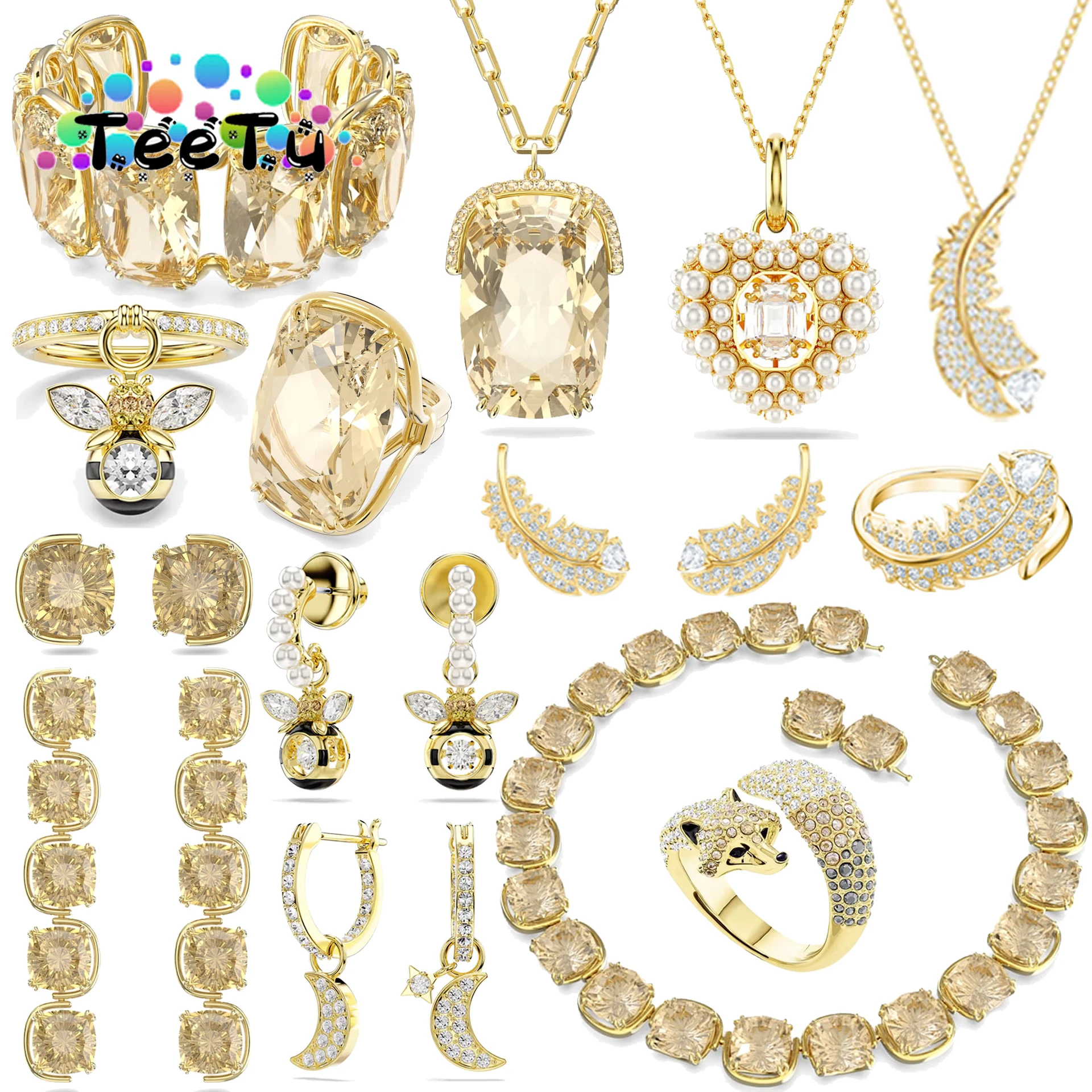 

2026 New Multifunctional Women's Jewelry Set with Niche Design Gold Crystal Necklace High-end Earrings Trendy Bracelet