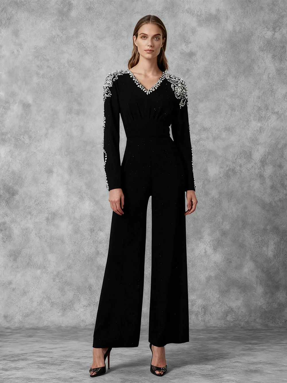 Modphy Elegant Slim Fit Long Sleeved Jumpsuit 2026 New Heavy Industry Bead Diamond High Waist Solid Color Long Jumpsuit