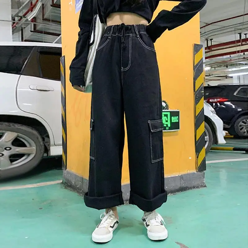 Jeans Women Solid Black Straight Trousers Pockets Bf Loose Casual Streetwear Vintage Young Lady Elastic High Waist Harajuku New