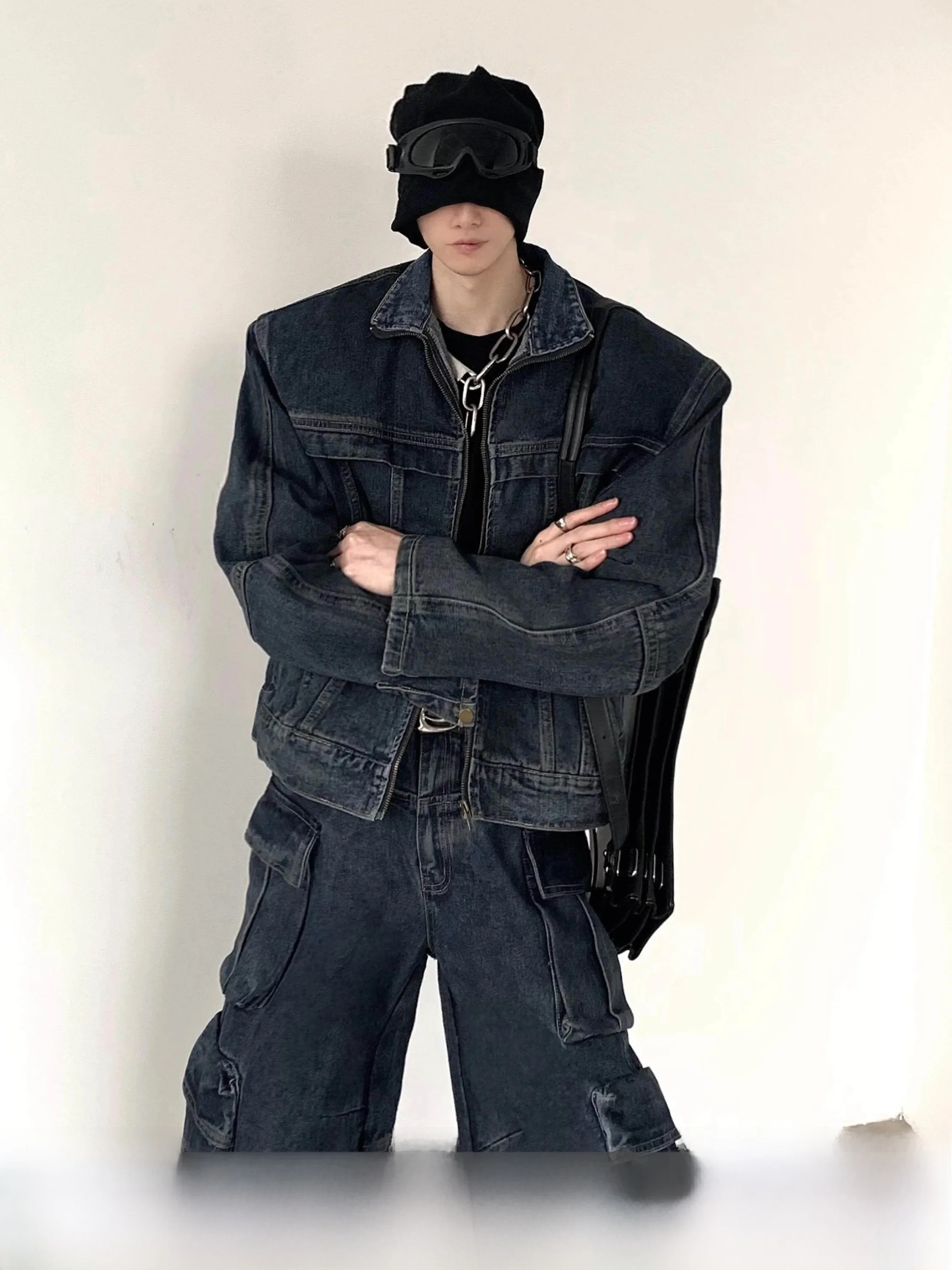 Retro Washed Deep Blue Denim Jacket And Pants Set Men's Premium Style Pad Shoulder Jacket Outerwear Loose Fit Spring Autumn W...