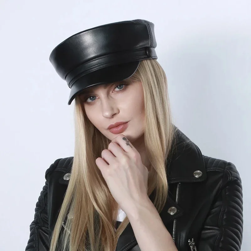 

Real Leather Military Cap Men Army Cap Sailor Hats For Women Men Flat Top Female Travel Cadet Hat Captain Military Sheepskin Hat