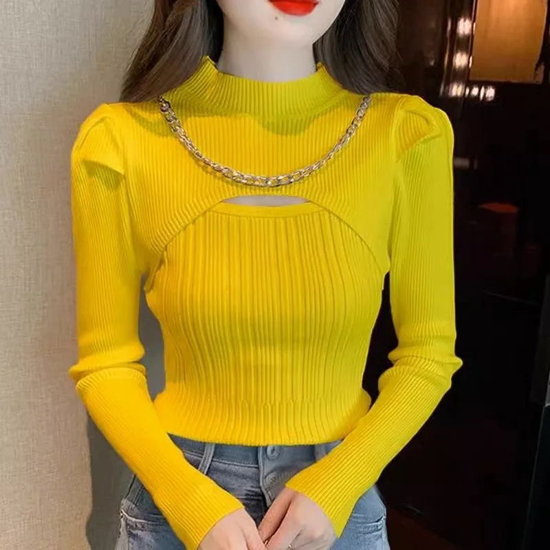 Fdfklak Spring Autumn Women Sweaters Sleeves Half-high Collar Bottoming Shirt Knitwear Yellow Orange Pullovers Korean Jumpers