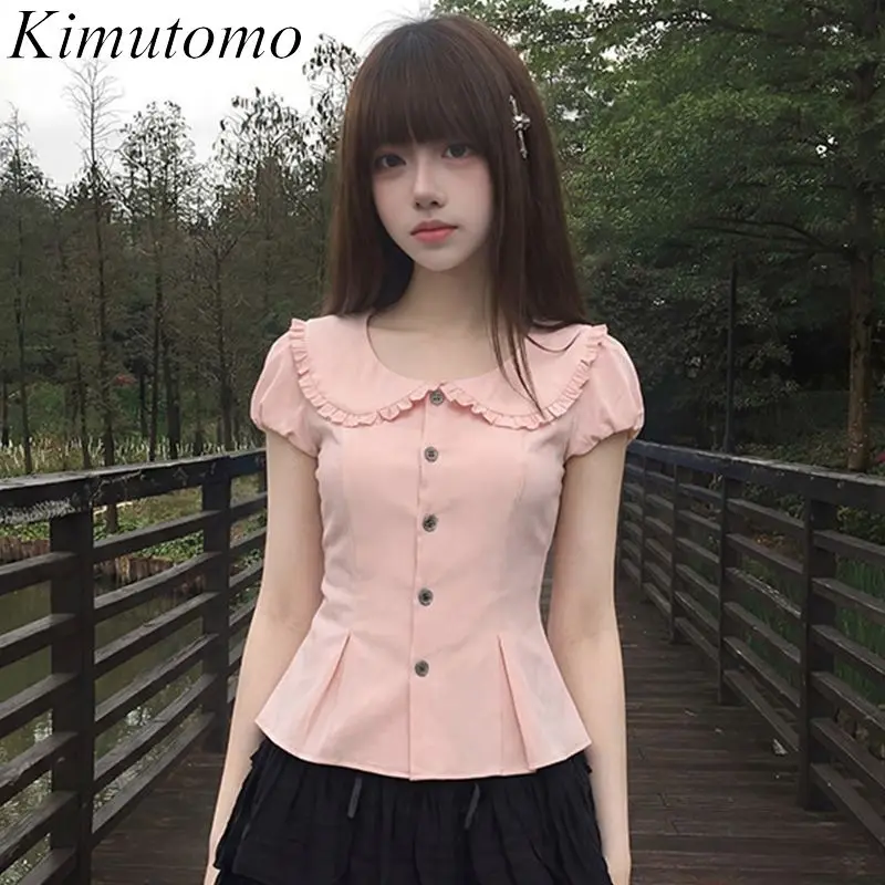 Kimutomo Sexy Sweet Shirts Women Peter Pan Collar Slim Vintage Summer Fashion Crop Tops Female Y2k Harajuku Casual Blouse