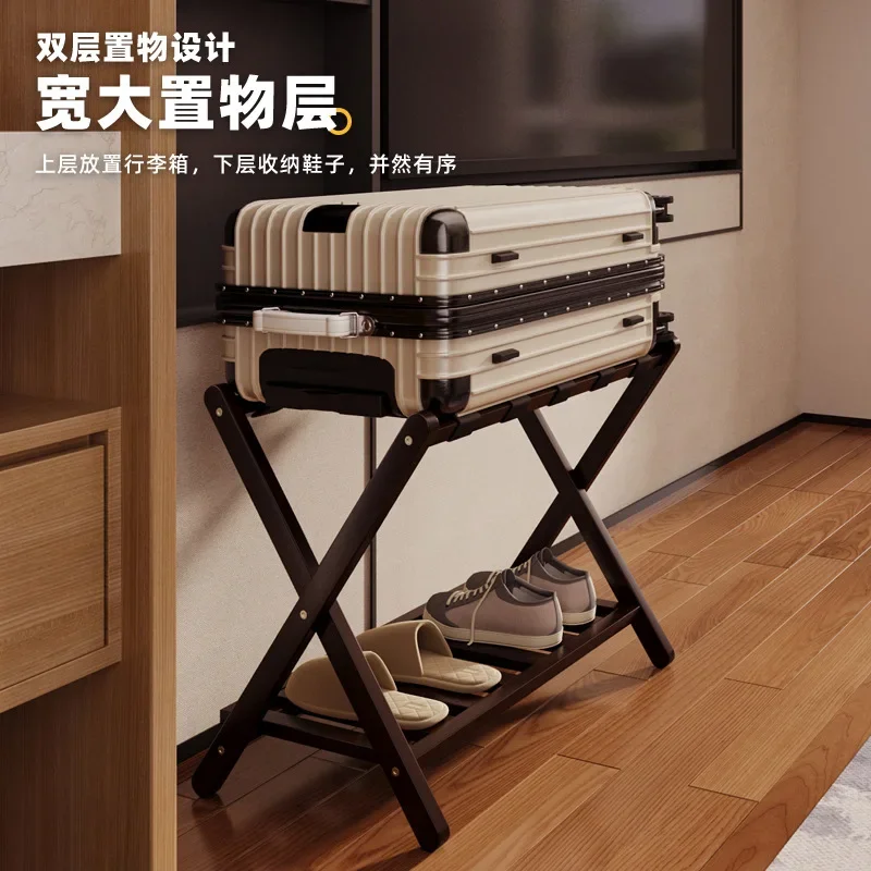 Folding Bamboo Luggage Rack With Black Straps -Space-Saving Suitcase Stand For Hotel & Home Durable X-Frame Design رف أمتعة فندق