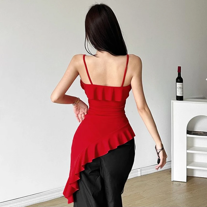 Women Dress Irregular Ruffles Sexy V-neck Summer Clubwear Gothic Hotsweet Tunic Mini Fashion Solid Y2k Spaghetti Straps Vestidos