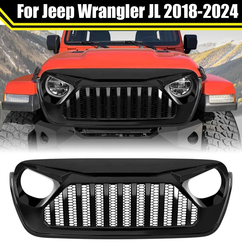 

Off-Road Car Glossy Black Front Grille For Jeep Wrangler JL 2018-2024 Inlet Guard Grid Bumper Grill Racing Grills Auto Parts