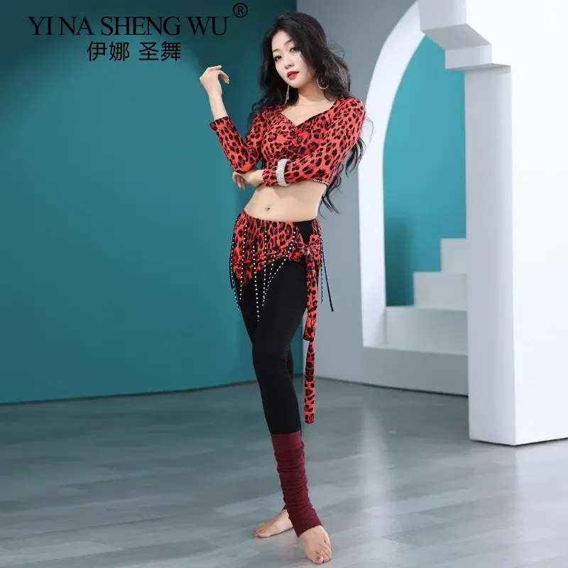 

Belly Dance Costume for Women Long Sleeves Top Oriental Professional Set Belly Dancing Leopard Print Practice Clothes