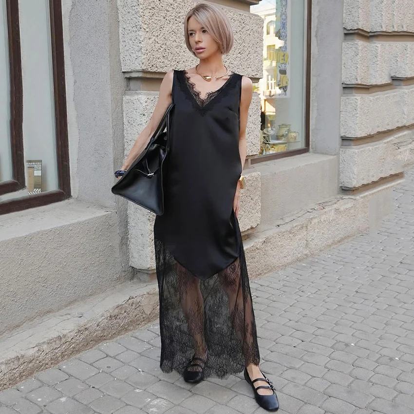 Linad elegante vestido longo de renda preta mulher sexy cetim cinta espaguete vestidos femininos rua chique pura seda vestido reto 2025