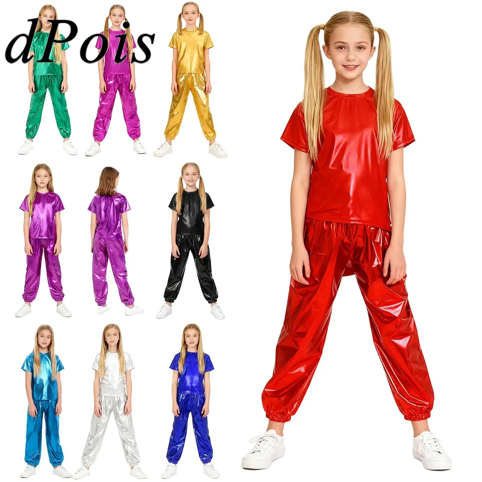 Costume de spectacle de danse métallique pour enfants, filles et garçons, tenue Disco, T-shirt à manches courtes + pantalon, vêtements Jazz Hip Hop modernes