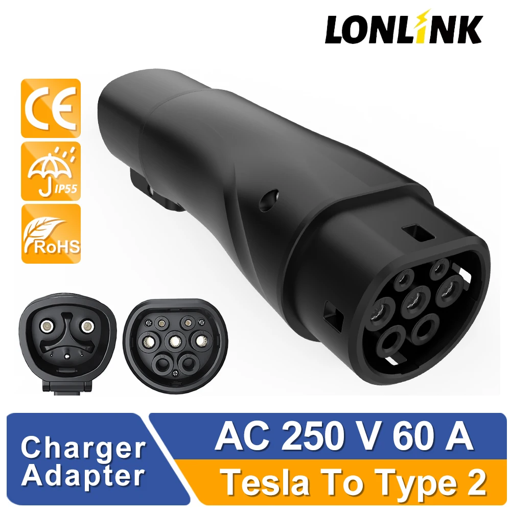 

LONLINK Tesla TO TYPE 2 Adapte 60A Electric Vehicle charging connector Electrical car charger devices For Type 2 EV Charging