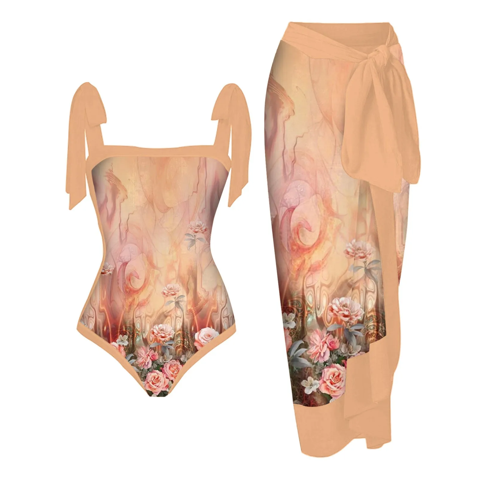 Bañador de una pieza con estampado Floral para mujer, traje de baño Sexy con cordones y conjuntos de Bikini de moda, conjunto de Tankinis de 2 piezas