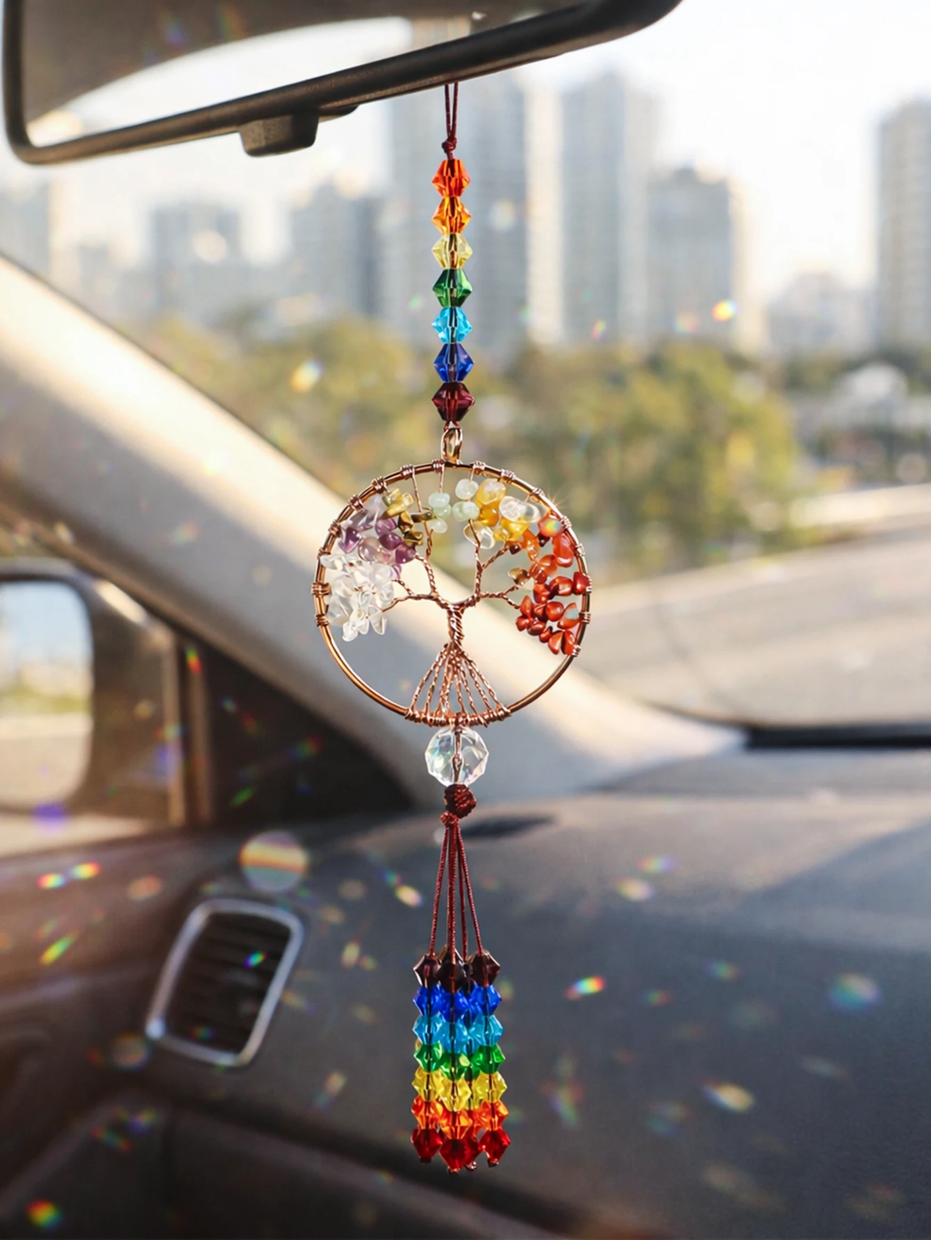 Chakra Tree of Life Crystal Sun Catcher, Car Rearview Mirror Hanging Ornament with Rainbow Beads for Home Window Decoration Gift