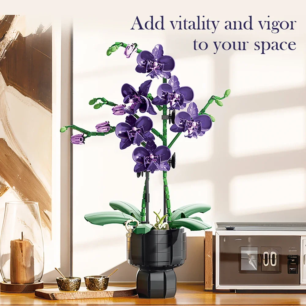 Jouet de bloc de construction en pot violet Phalaenopsis, bon pour la décoration créative de la maison et du bureau, cadeau de vacances de rêve pour fille, jouet de Puzzle