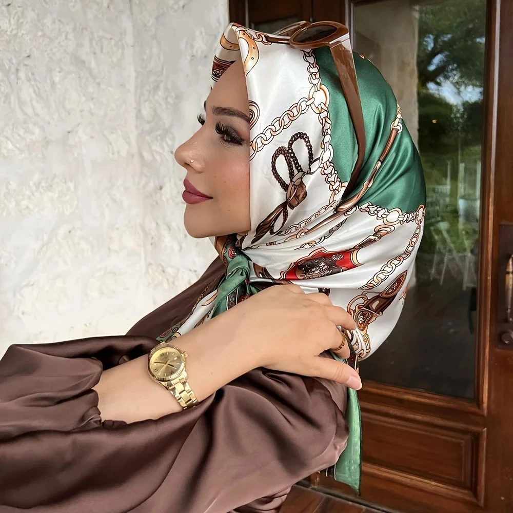 Luxury Brand Muslim Chain Print Square Hijab Scarf Imitation Silk Satin Shawl Mature Matching Sunscreen Head Wrap