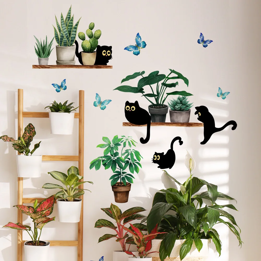 Green Plant Potted Black Cat Wall Sticker Living Room Background Decor Kitchen Home Decoration Wallpaper Self-adhesive Decals