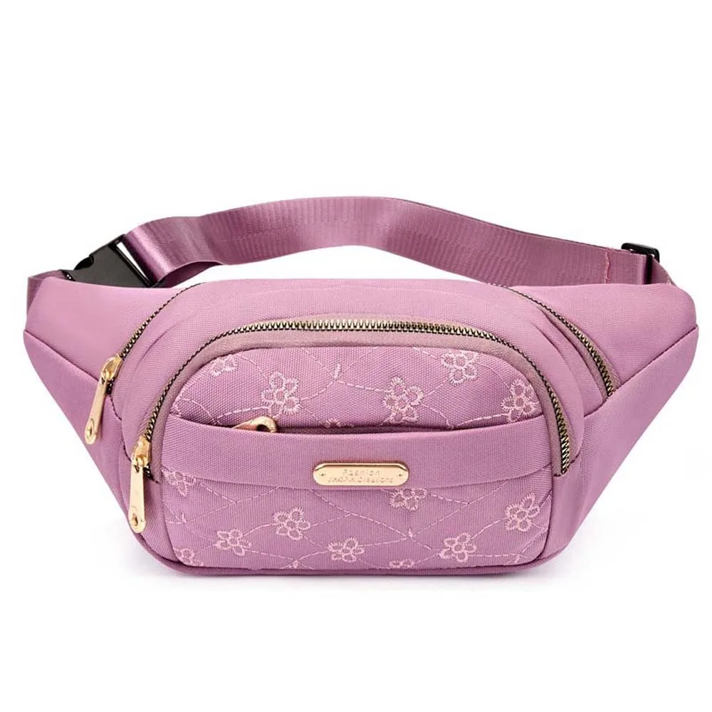 Waterproof Women Fanny Pack Oxford Cloth Flower Pattern Embroidery Bumbag Large Capacity Multi-functional Outdoor Waist Bag