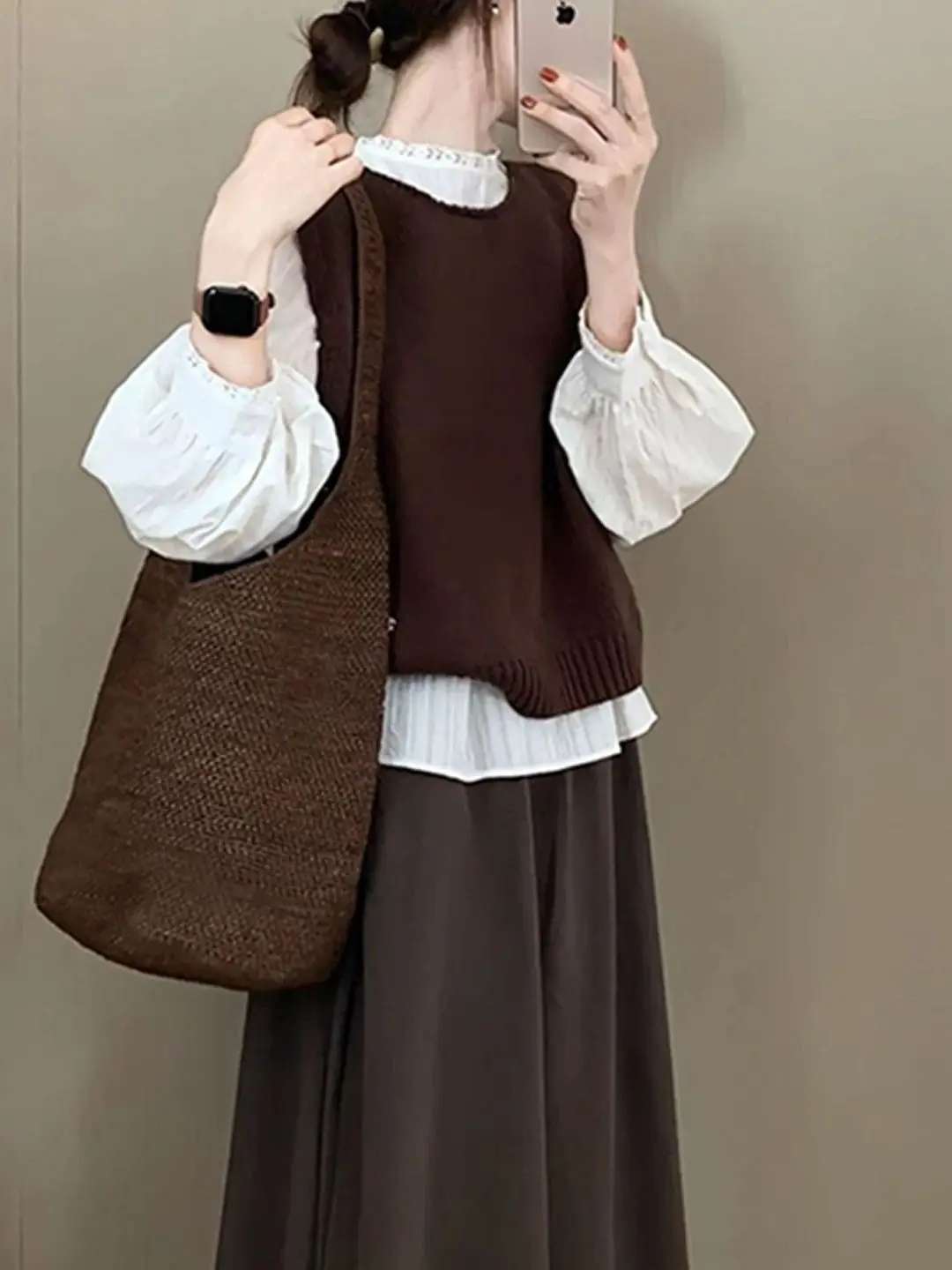 Stylish Fashionable Women's Long Sleeve Shirt Vest  Skirt Three Piece Set Early Autumn Wear Elegant Trendy Complete Outfit