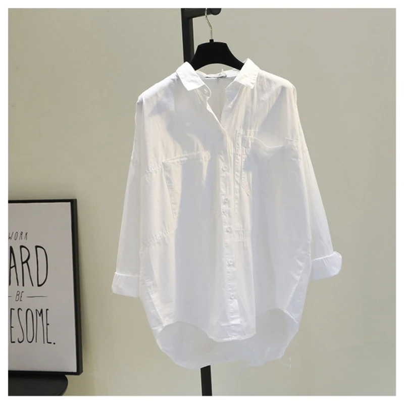 

Весенняя корейская повседневная простая однотонная женская рубашка с длинными рукавами, нестандартная элегантная женская универсальная белая блузка с карманами 971