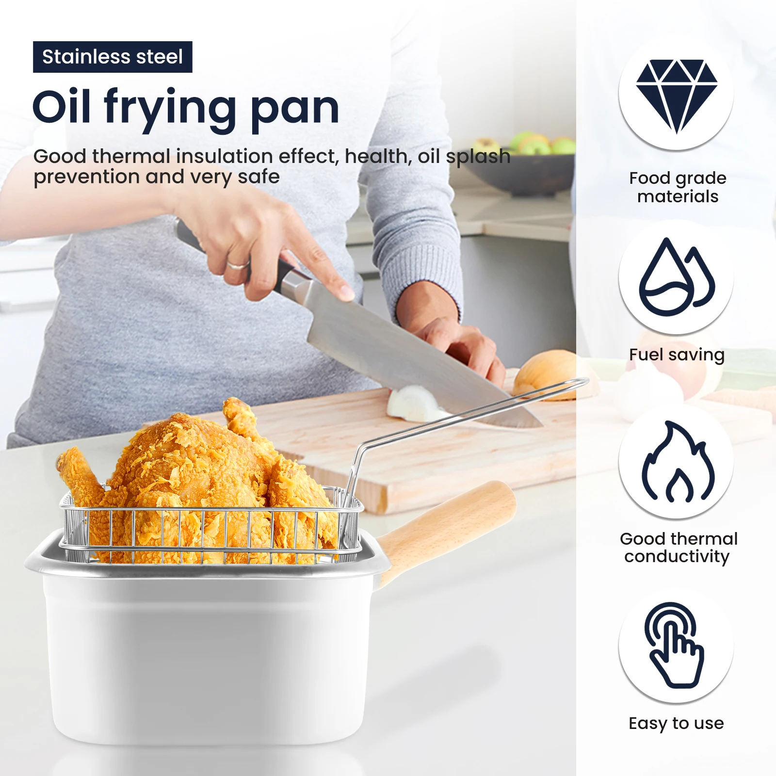 Deep Fryer Pot Stainless Steel Frying Pan Oil Saving Square Deep Frying Pan with Basket and Handle Versatile Deep Fryer with Lid