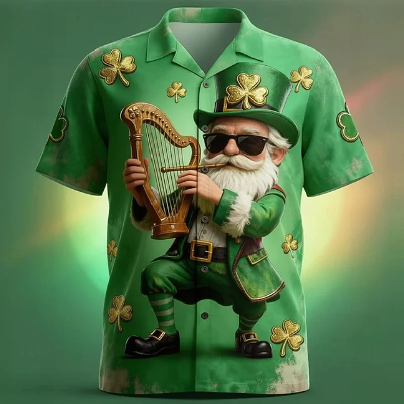 

Мужская повседневная гавайская рубашка с коротким рукавом и золотой монетой с изображением клевера, на пуговицах, для Дня Святого Патрика