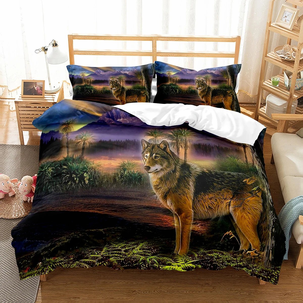 Wolf Duvet Cover Set Twin Queen Size, Safari Animal Bedding Set Western Woodland Wild Animal Comforter Cover with 2 Pillowcase