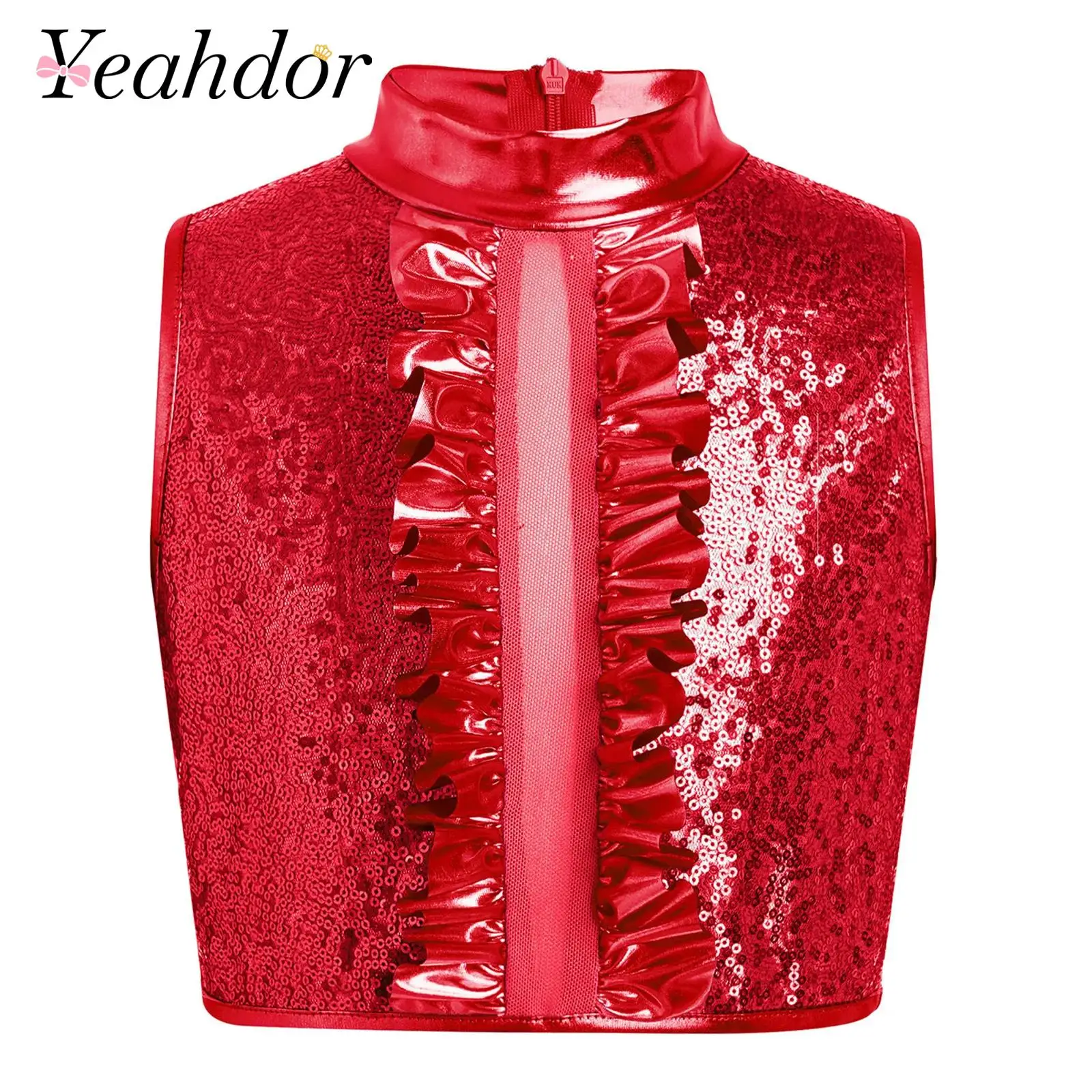 Children's Sleeveless Vest Jazz Dance Crop Top Stage Performance Costume Kids Girls Sequin Metallic Rock Musci Disco Outfits
